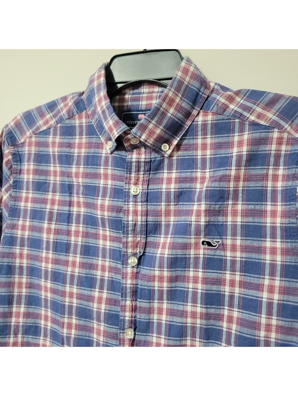 Vineyard Vines Button Down Whale Shirt Mens M Blue Red Plaid Cotton Short Sleeve